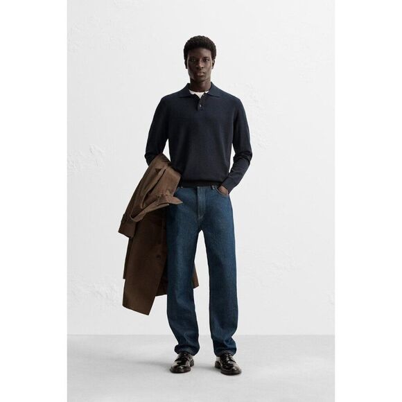 Zara Origins Mens Polo Shirt Sweater L Navy Blue Merino Wool Knit 2632/315 NWT